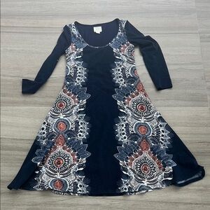 Maeve Blue and White A-Line Long Sleeve Dress